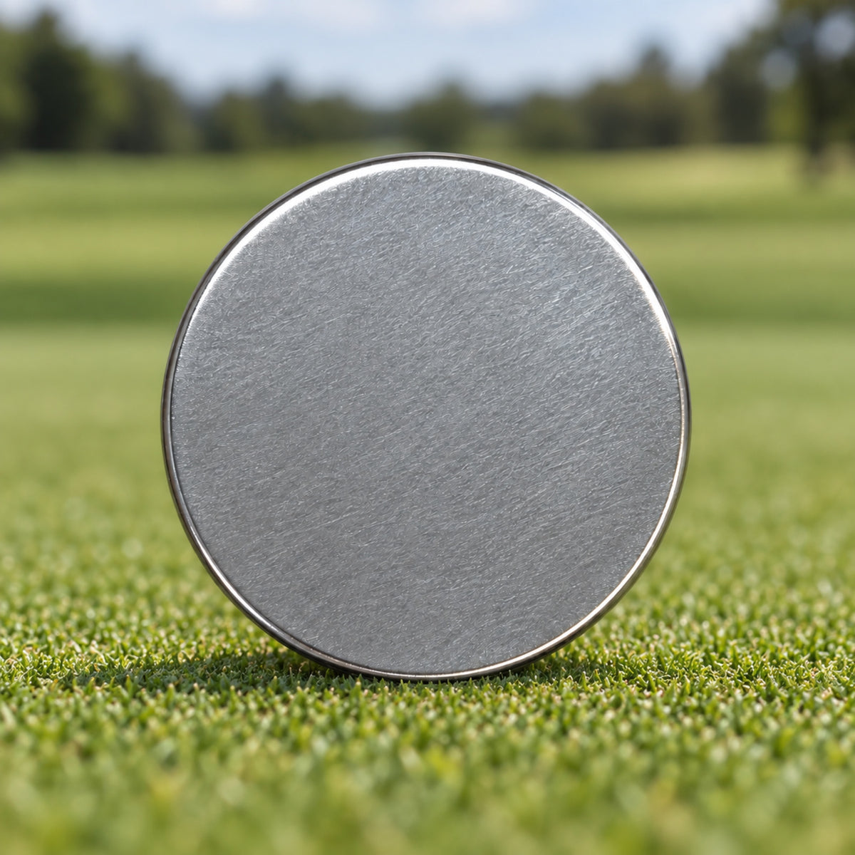 Blank 25 mm silver golf ball marker standing on a putting green, ready to be printed