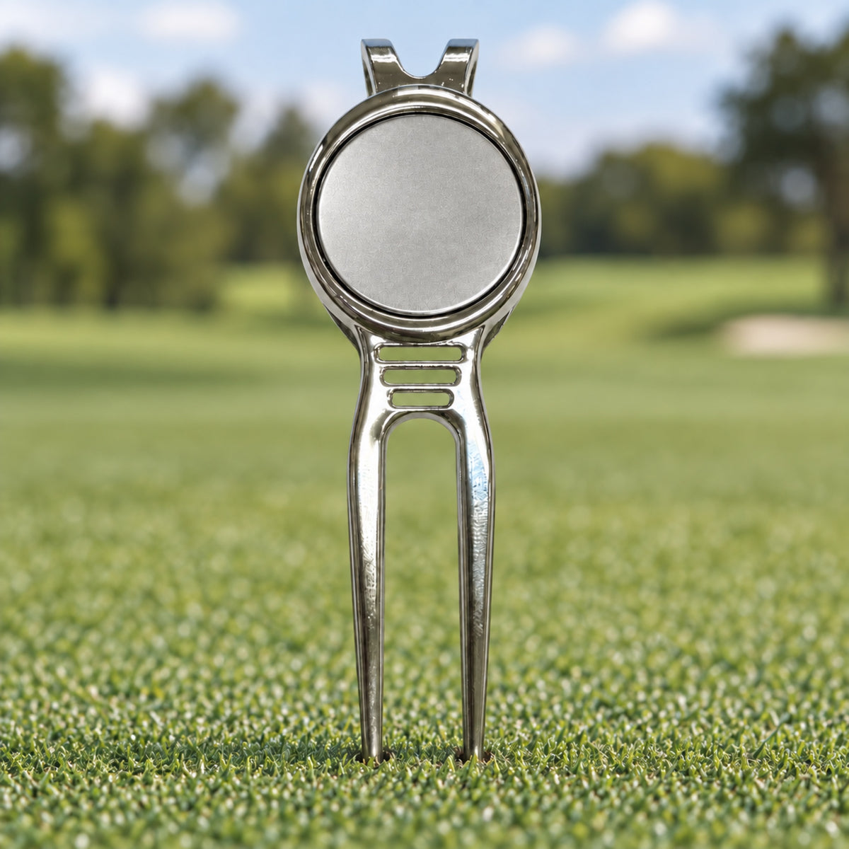 Chrome golf divot tool with a blank 25 mm ball marker in the head, standing in a putting green