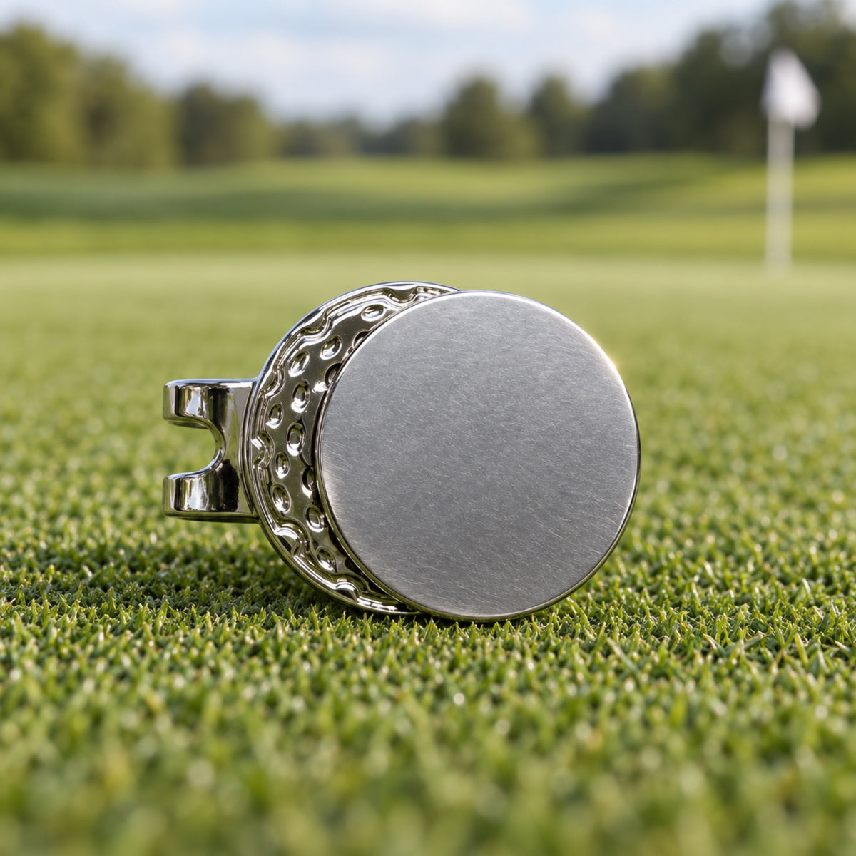 Magnetic golf hat clip holding a blank 25 mm ball marker, resting on a putting green
